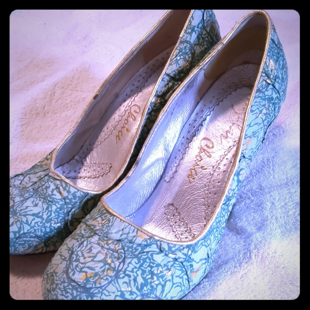 Irregular Choice gold and green chinoiserie print